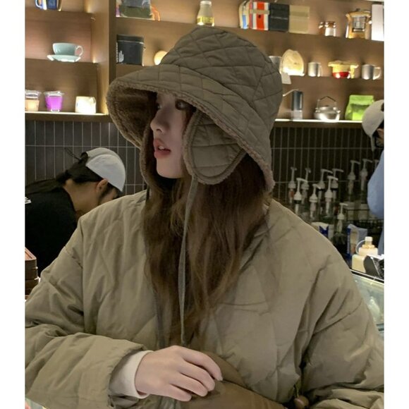 Winter Quilted Bucket Hat Women Down Padding Foldable Earflap Thick Plush